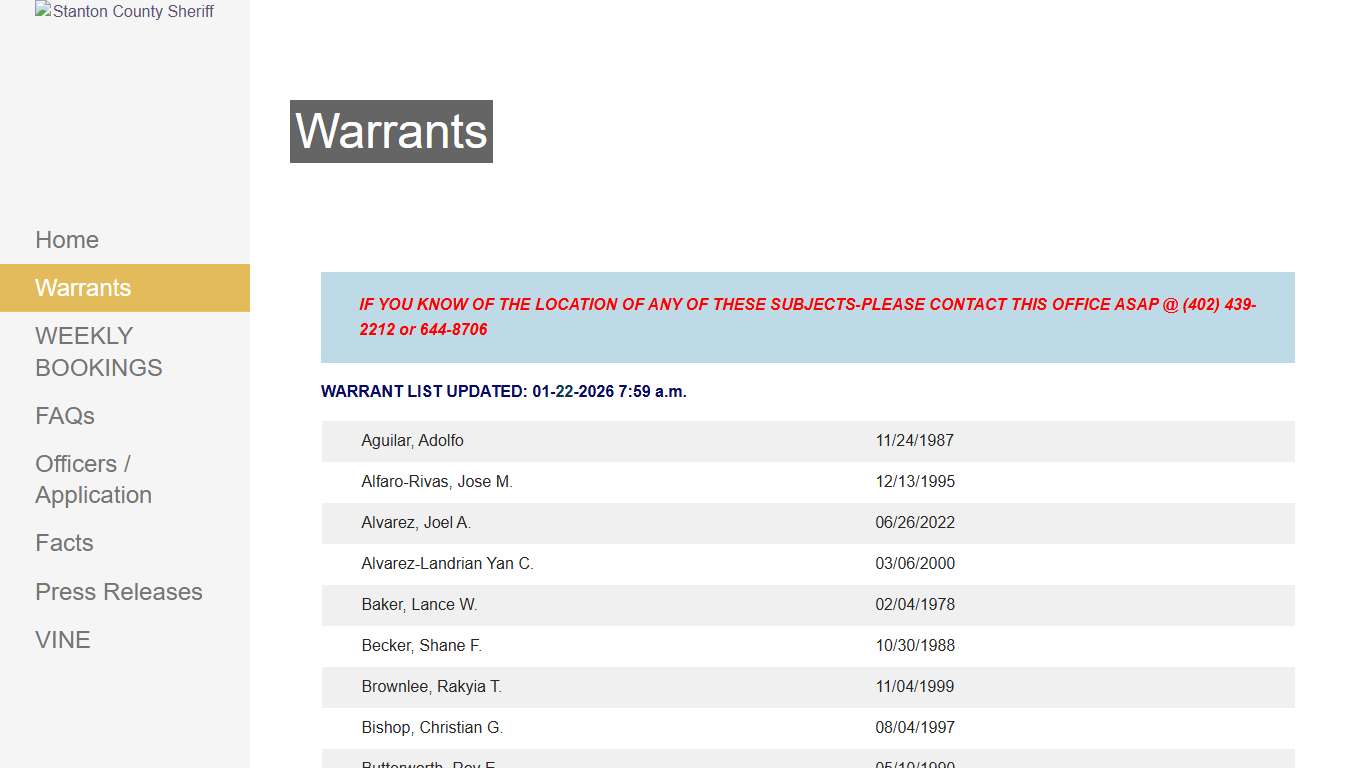 Warrants – Stanton County Sheriff